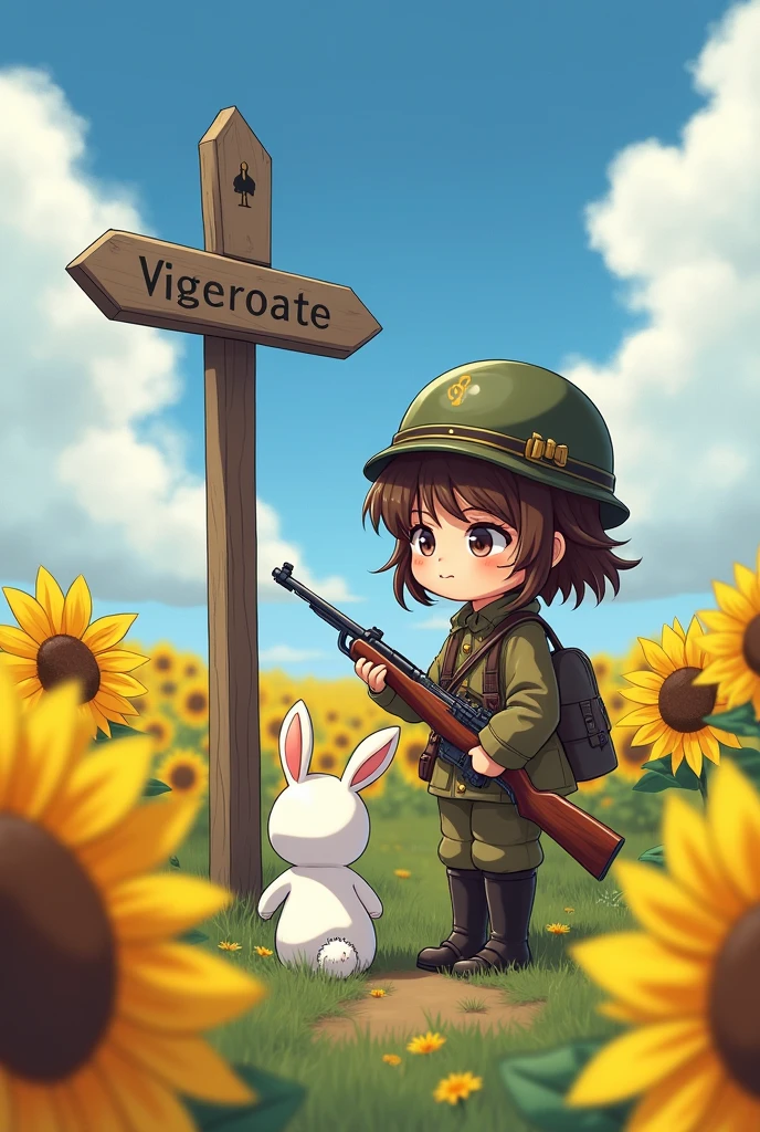 (Super Chibi Style Girl:1.3), messy brown hair, beautiful detailed eyes, beautiful detailed lips, extremely detailed face and features, wearing an old German military helmet and uniform, holding a detailed rifle, A perfect depiction of the rifle model,standing in a sunflower field, looking at a tall signpost at a crossroads, The girl is looking at the signpost,A white rabbit is looking at a signpost with a girl, Side shot,highly detailed, masterpiece, best quality, 4k, 8k, ultra-fine painting, CG animation illustration, vivid colors, dramatic lighting, cinematic composition