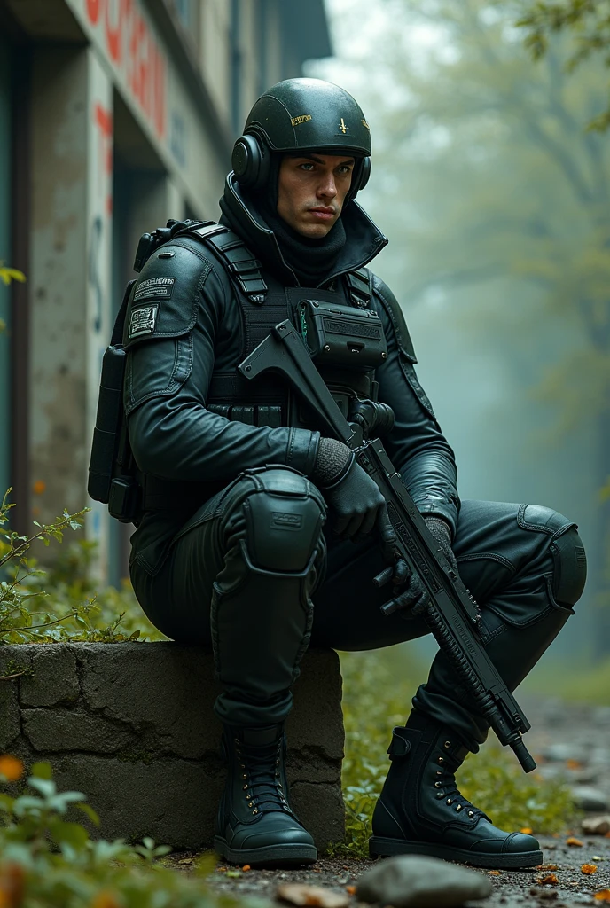 Dessine-moi un homme du GIGN en noir futuriste post-apocalandptique avec les andeux verts profond qui tire sur le bleu et le gris, he is sitting on the edge of an abandoned building where vegetation is reclaiming its rights, sur le bâtiment il and a marqué w+and = infinity