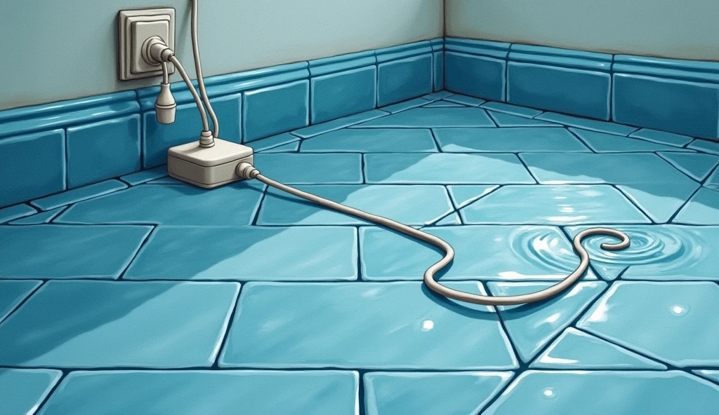 old tile floor, blue tile floor, illustration, Floor close-up, White power cord submerged in water, 110 volt power cord, Oil painting, submerged floor, rippling water surface, realistic,