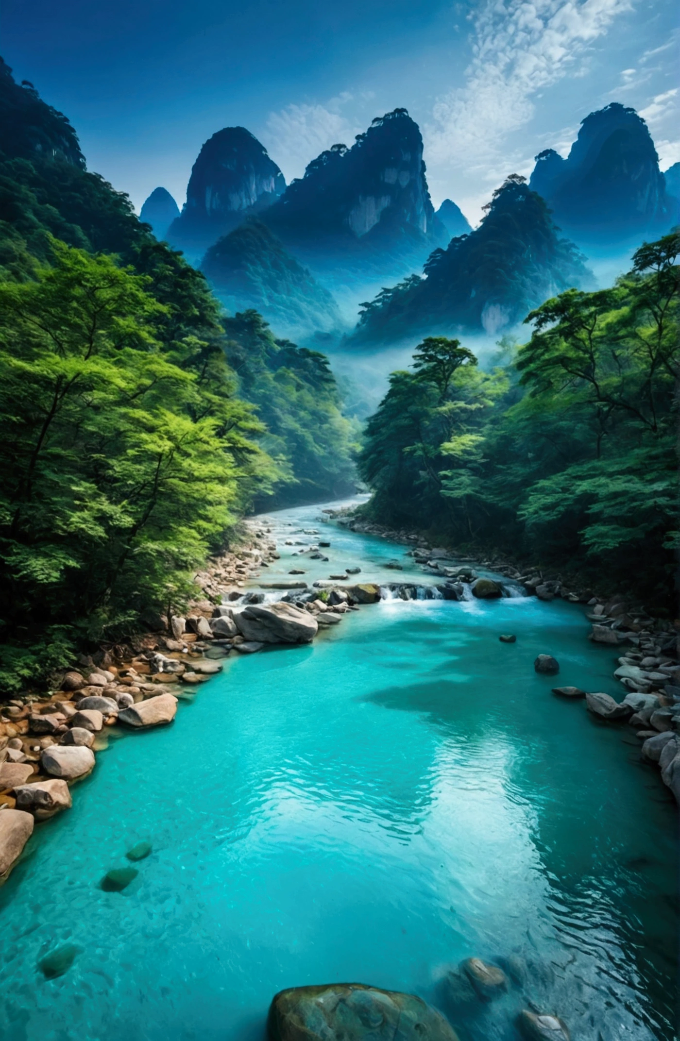 The stream water is turquoise and clear，The mountain behind is similar to the stone mountain in Zhangjiajie,Clouds and mist
