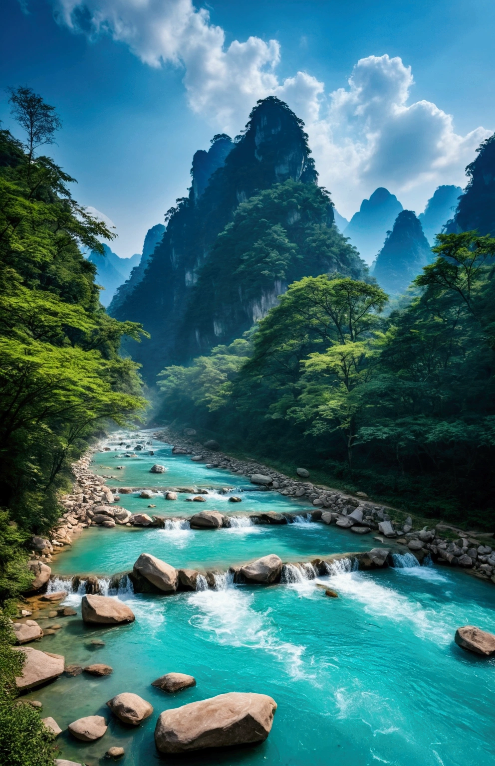 The stream water is turquoise and clear，The mountain behind is similar to the stone mountain in Zhangjiajie,Clouds and mist
