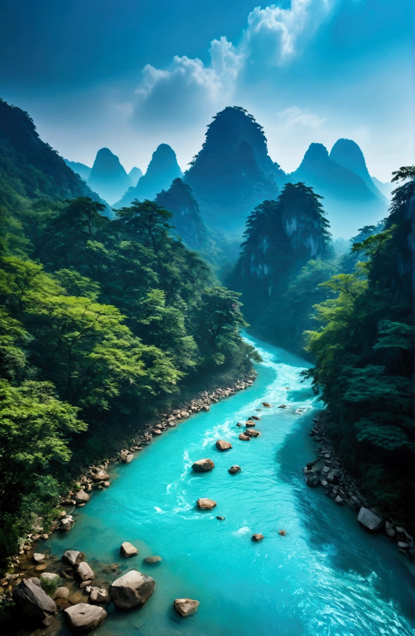 The stream water is turquoise and clear，The mountain behind is similar to the stone mountain in Zhangjiajie,Clouds and mist
