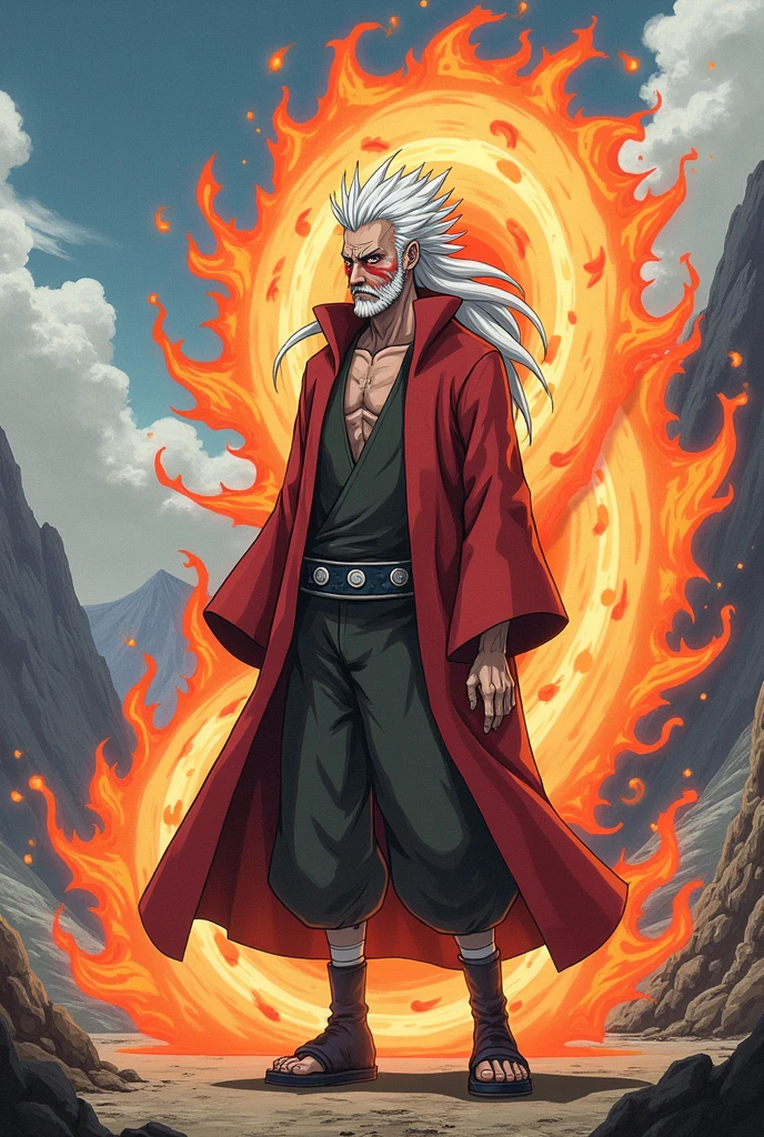 Old Jiraiya in Nine Tails Chakra Mode. Generate in style "naruto"
