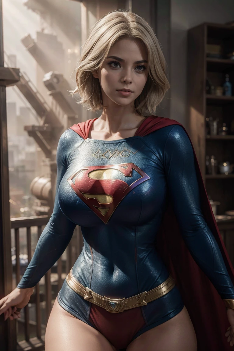 a beautiful girl with short white hair, wearing a tight supergirl costume with long sleeves, huge breasts:1.3,perfect body,wide hips (best quality,4k,8k,highres,masterpiece:1.2),ultra-detailed,(realistic,photorealistic,photo-realistic:1.37),hyper detailed facial features,extremely detailed eyes and face,longeyelashes,highly detailed costume,dynamic pose,action scene,moody lighting,cinematic composition,vibrant colors,