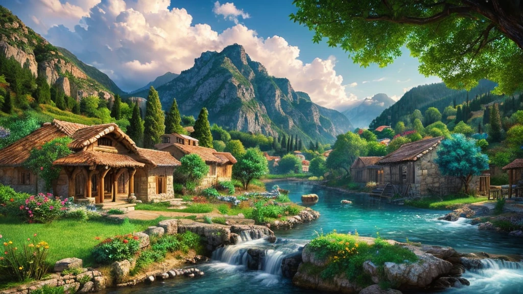 Ancient Greek Village, mystical nature, Rivers, Mountains and forests, waterfall, cloud, Photorealistic photos, It's not 8k. Aerial view.