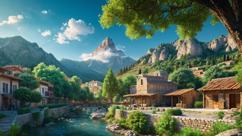 Ancient Greek Village, mystical nature, Rivers, Mountains and forests, waterfall, cloud, Photorealistic photos, It's not 8k. Aerial view.