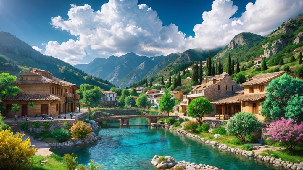 Ancient Greek Village, mystical nature, Rivers, Mountains and forests, waterfall, cloud, Photorealistic photos, It's not 8k. Aerial view.