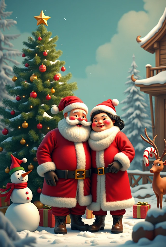 Santa Claus with his chubby wife black hair,Christmas tree, candy cane, Snowman.Elf,reindeer