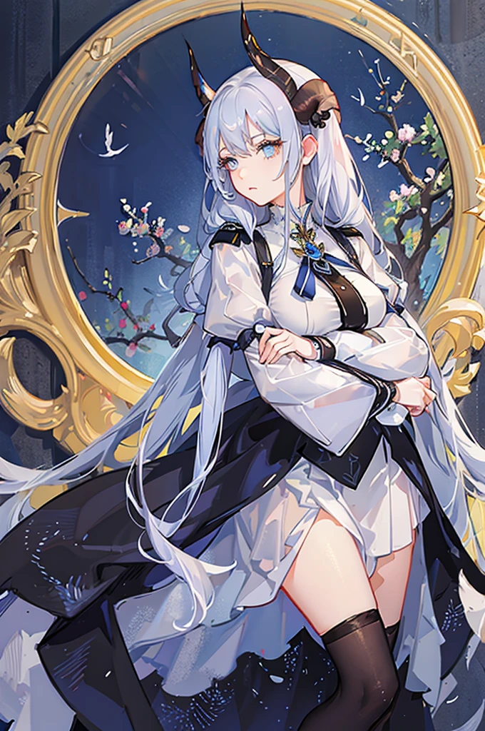 highest quality, masterpiece, high resolution, 1 person, female, silver hair, long hair, blue eyes, bored face. distinct eyes, side, big eyes, Eyelashes, eyeliner, white Uniform, black hairpin, Sheep Horn, huge breasts, priest, praying