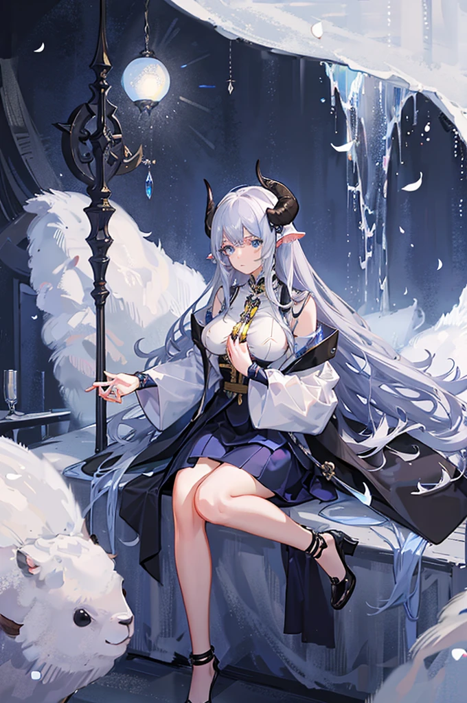highest quality, masterpiece, high resolution, 1 person, female, silver hair, long hair, blue eyes, bored face. distinct eyes, side, big eyes, Eyelashes, eyeliner, white Uniform, black hairpin, Sheep Horn, huge breasts, priest, praying