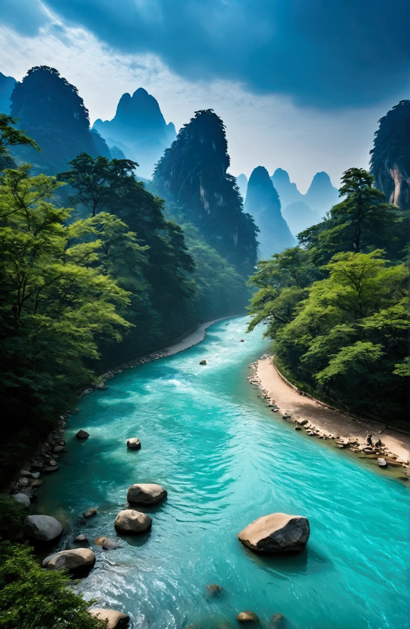 The stream water is turquoise and clear,The mountain behind is similar to the stone mountain in Zhangjiajie,Clouds and mist