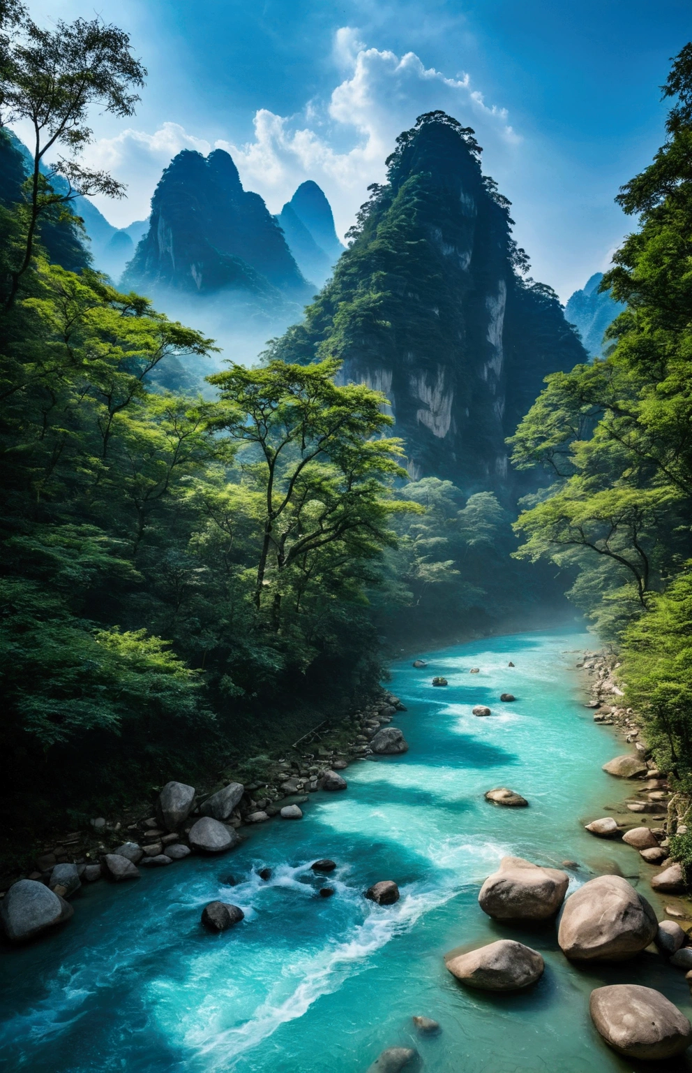 The stream water is turquoise and clear,The mountain behind is similar to the stone mountain in Zhangjiajie,Clouds and mist