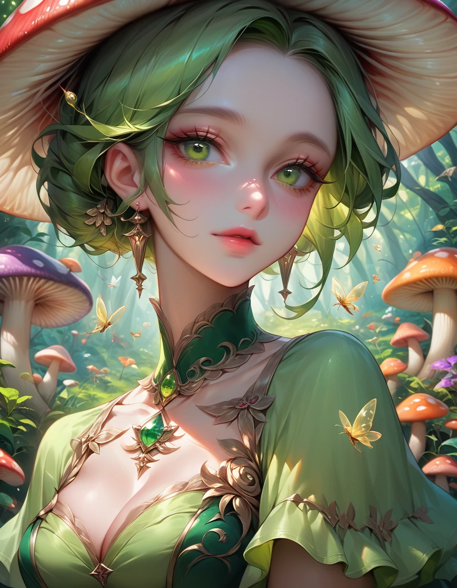 8k, many beautifully fantasy mushroom girl, beautiful mushroom hat, ((green eyes)) embroidery, enchanting forest, fireflies, , white-dress, day, beautiful aesthetic dress, sweet looking , midjourney, close-up, niji, 1
