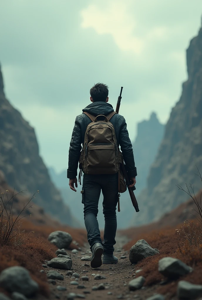 A lonely traveler in a post-apocalyptic wasteland, wearing a black leather jacket, a rifle slung over his shoulder, a backpack,, panoramic view, front to viewer, fantasy landscape, cinematic lighting, moody atmosphere, detailed environment, dramatic sky, muted color palette, photorealistic, 8k, best quality, masterpiece