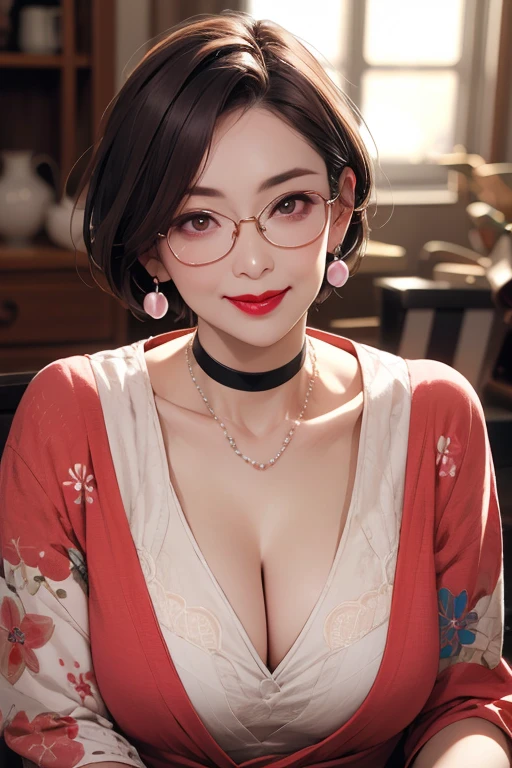Beautiful and mature 55 year old Japanese woman, Married women, Aunt, Fine Lines, Long eyelashes, Glowing Eyes, Wearing glasses, Short Bob Haircut, (choker), (Deep Red Lipstick), elegant, Slim figure, Rosy Cheeks, Pearl Necklace, Earrings, Cute Smile, Beautiful body lines, Cleavage, Full Body Focus,