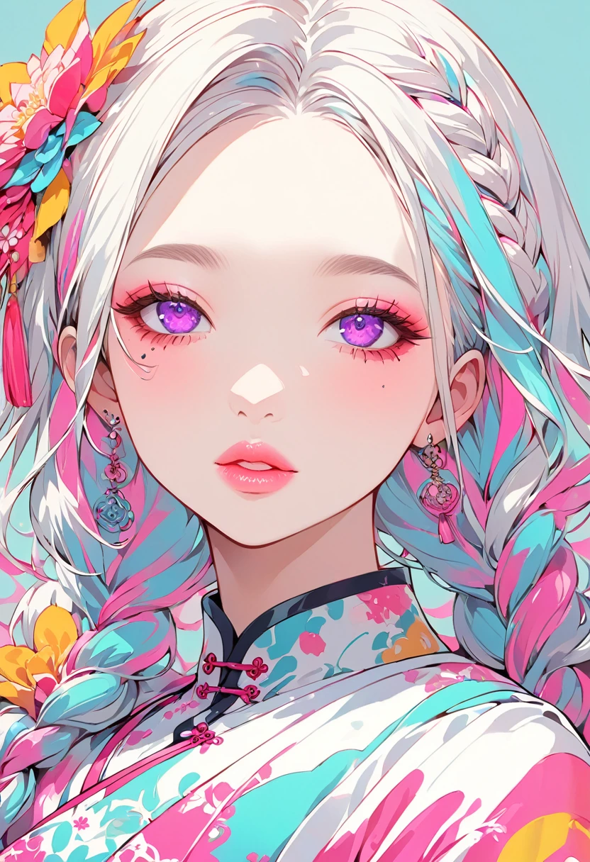 (Highest quality:1.4, City Pop Style, Very detailed, up to date, Vibrant, High Contrast, ), Gal, One girl, alone, ((Face Up Shot:1.4)), Neon Color Hair, Braid, Droopy eyes, Long Hairstyles, pastel colour, China dress, flower, Portraiture, asymmetrical bangs,  Purple eyes, Cute Face. Lips in Love, Stylish design, Pure light blue background.