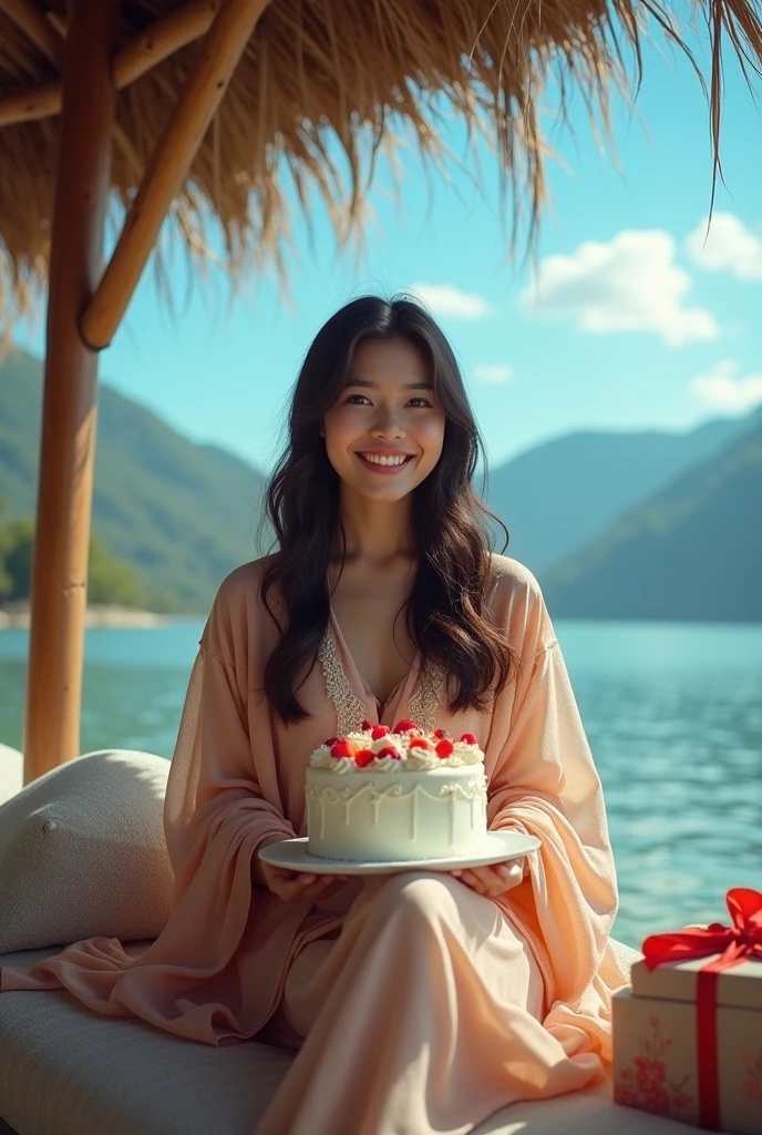 Lake Toba,potret full badan seorang wanita muda cantik indonesia menawan aduhai memakai mantel duduk di gubug samping Lake Toba,while holding a birthday cake,gift,on the side there is writing happy birthday CATHELYA,typography,cinematic,Blue sky,smile