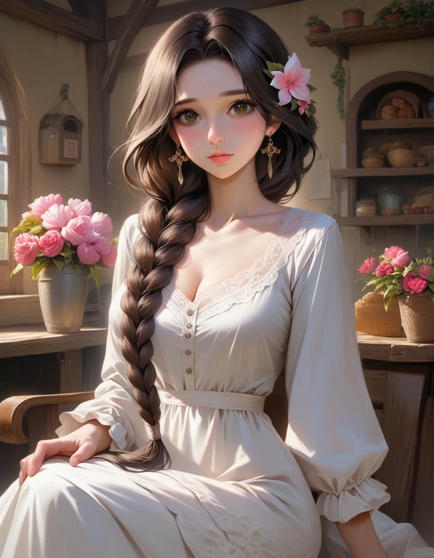 a beautiful female flower shop owner with long dark brown hair in a loose braid, wearing a brown and white long dress, sitting on a chair surrounded by flower bouquets in a cozy, cottage-like fantasy room, (best quality,4k,8k,highres,masterpiece:1.2),ultra-detailed,(realistic,photorealistic,photo-realistic:1.37),extremely detailed eyes and face,beautiful detailed eyes,beautiful detailed lips,longeyelashes,intricate details,soft lighting,warm color tones,cinematic lighting,whimsical,magical,dreamlike