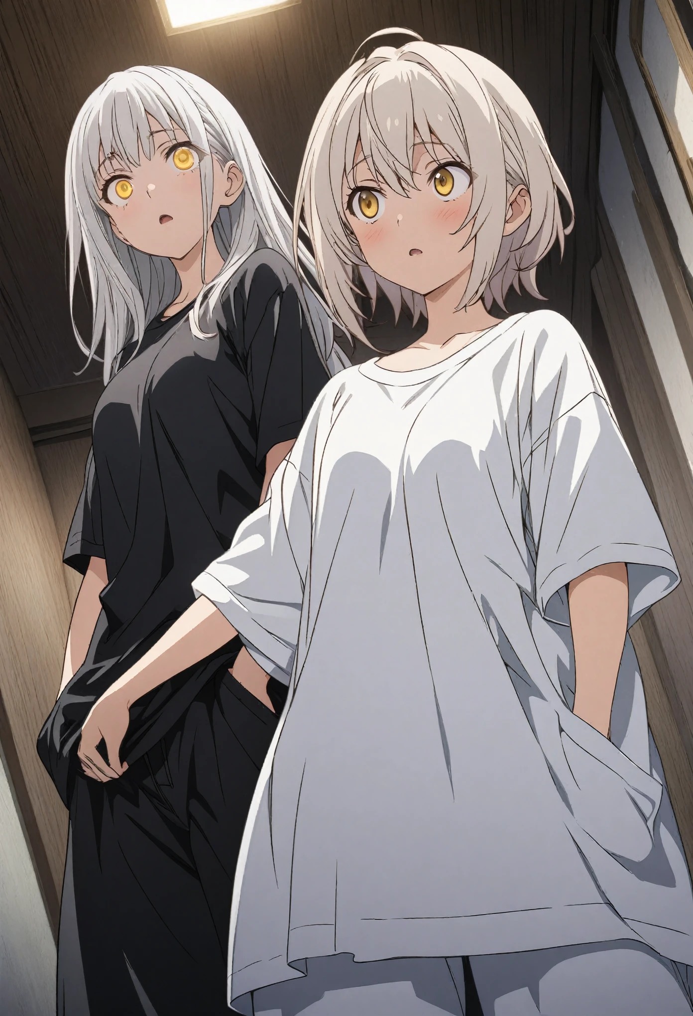 Two Girls, masterpiece, Highest quality, Highly detailed CG Unity 8k wallpaper, High School Girl Anime Illustration. Wear an oversized t-shirt and oversized pants、Keep your hands in your pants pockets, The background is a simple single color。white hair color, Yellow Eyes, Confused eyes, Angle looking up from below