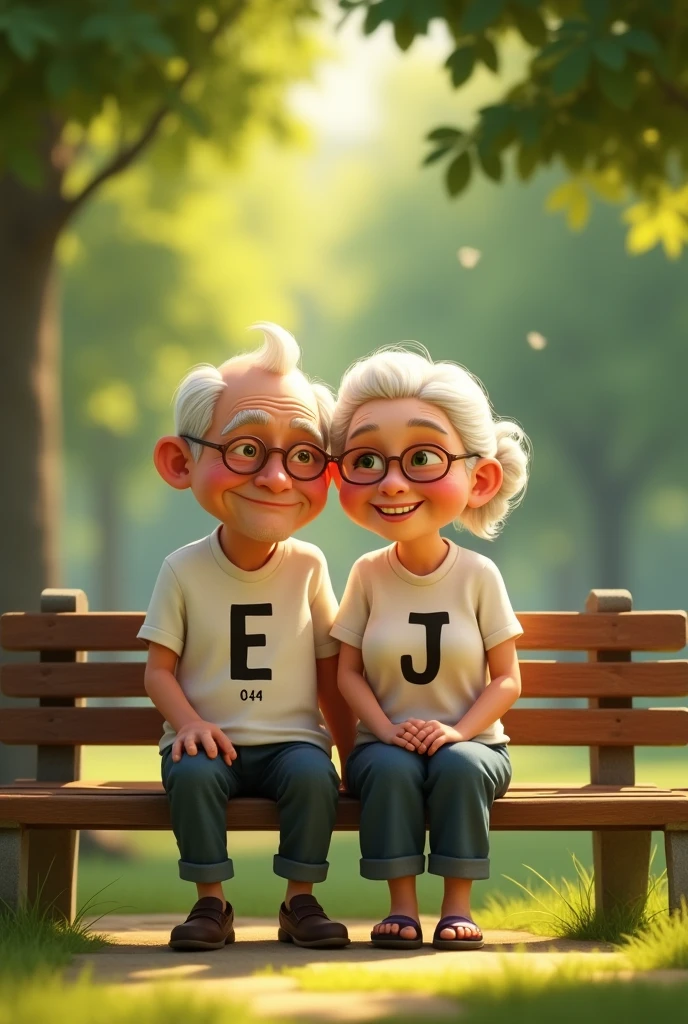 An old man and an old woman Pixar sitting on a bench looking at me With white shirts and in front the boy has the letter E on his shirt and the girl has the letter J on her shirt and below the letters they have the numbers 04-12-19 And behind them a park 