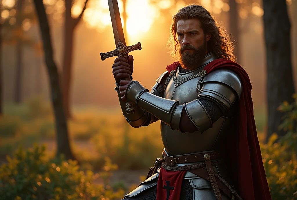 Profile, standing pose, action pose,   in forest, sunset, 12th century, One of the Teutonic Knights, (Germany man, 30 age-old, brown  hair, long hair, beard, mustache, serious),Cover the whole body in armor, He has a double-edged sword in both hands, (one Crusader sword), The handle is cross-shaped, It is decorated, ((He wears a cloak with a Black  cross on his chest)),  Accurate,  ((Anatomically correct,Surrealism, UHD, retina, accurate, anatomically correct, textured skin, super detail, high details, best quality, 8K))