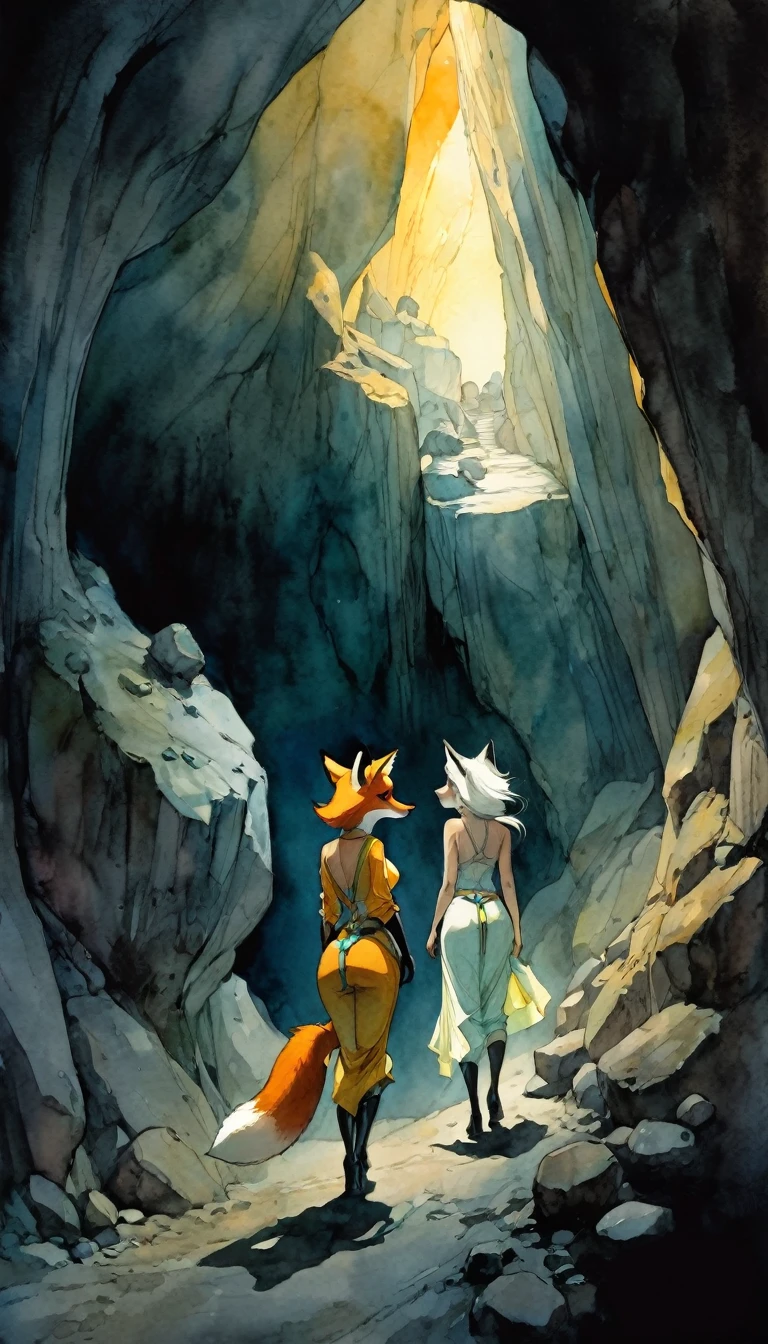 dark Horror Style,Watercolor:1.2,Muted Tone,Delicate,Detail,Masterpiece, Two fox women, exploration, torchlight, walking together,medium large breasts, shoulder navel, underboob, A cave in complete darkness, rocks, unknown space, luminous small creatures on the cave wall, mysterious, fantastic, anxiety and expectation, dangerous group of luminous small creatures, Departure, seeing off, joy, anticipation, working, looking at viewer, Artistic, memorable masterpieces, moments in history, (Cowboy shot:1.3), (from above), (close up:1.3),seductive smile,looking at viewer, ,,art inspired by Bill Sienkiewicz and dave mckean
