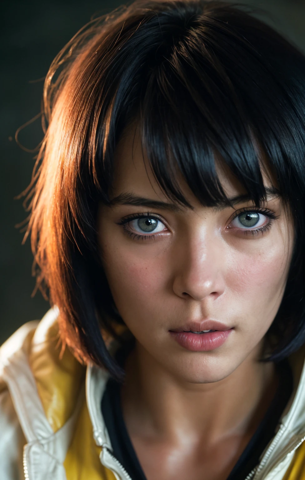 (Close-up, editorial photograph of a 21 year old woman), (highly detailed face:1.4) (smile:0.7) (background inside dark, moody, private study:1.3) POV, by lee jeffries, nikon d850, film stock photograph ,4 kodak portra 400 ,camera f1.6 lens ,rich colors, hyper realistic ,lifelike texture, dramatic lighting , cinestill 800, short hair, Motoko Kusanagi haircut, Black hair, Blue eyes, white skin, Motoko Kusanagi yellow jacket, black shirt, Motoko Kusanagi skin, Motoko Kusanagi expression, masterpiece, ghost in the shell
