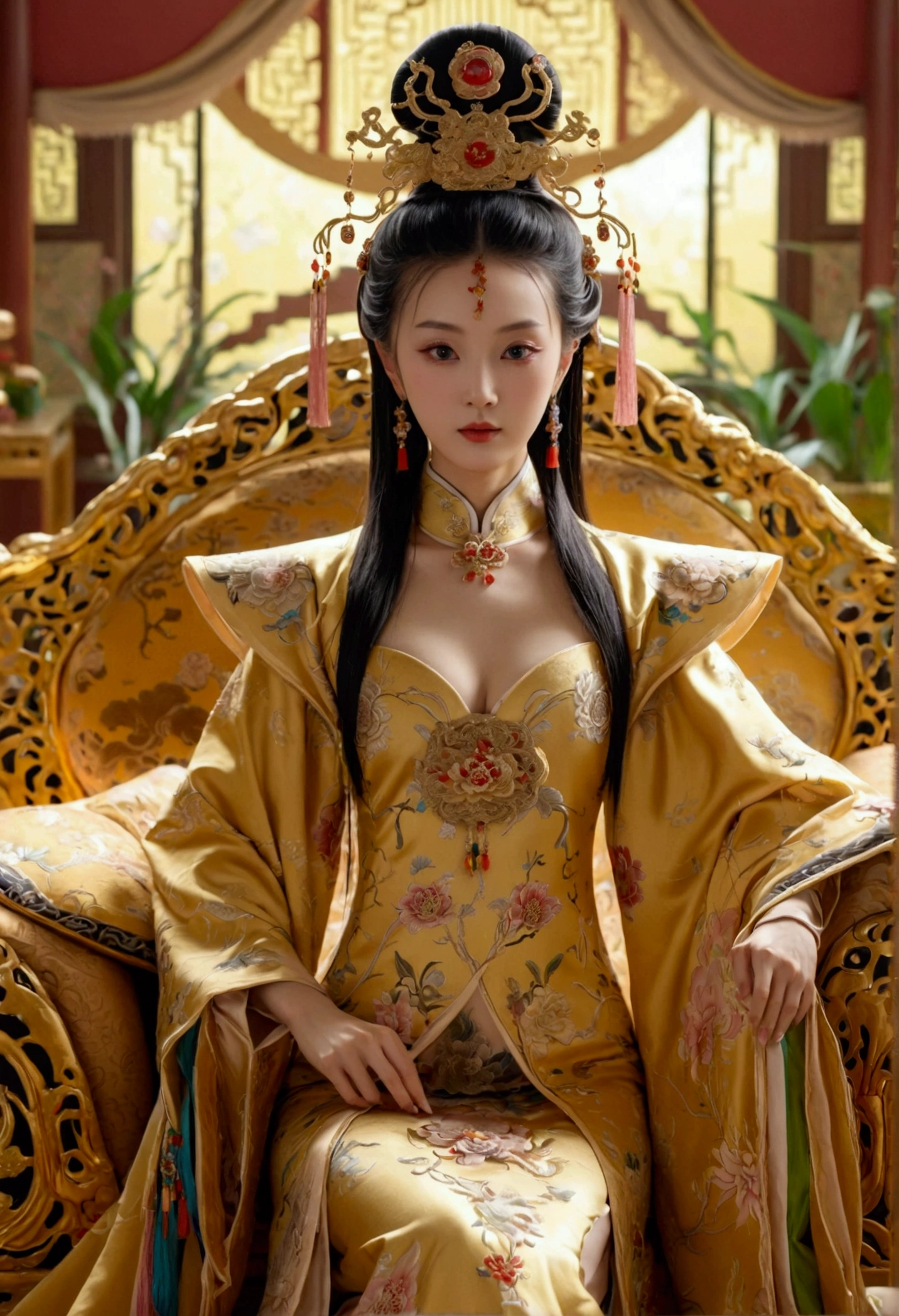 A gorgeous empress from the Chinese imperial court during the Qing Dynasty, fully naked on a large golden sofa, spreading one&#39;s legs open wide with knees bent,creating the shape of the letter M（Porn Pose） A gorgeous Chinese imperial empress with her hair tied on both sides and wearing a crown、Background of kinky and erotic woman tying her hair、The story is set in the luxurious rooms of an empress in the Chinese imperial court during the Qing dynasty.。