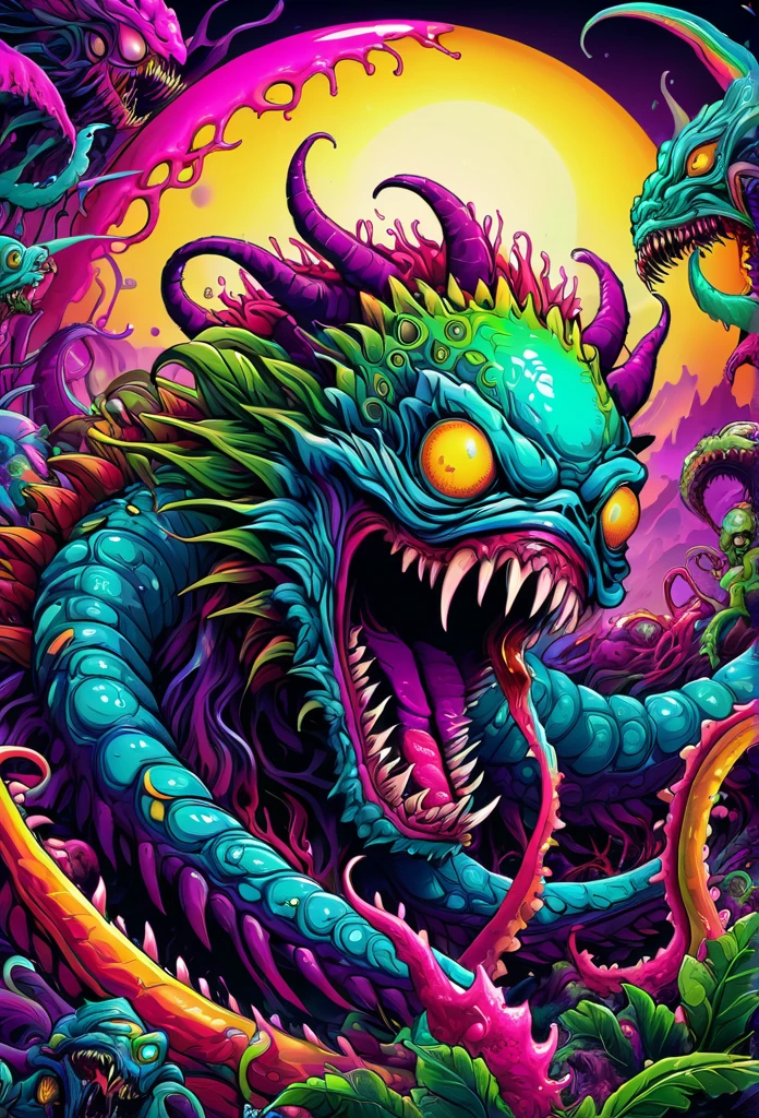 ((master psychedelic laughing monster 2D)), hyper beast, colorfull, High detailed, Saturated colors, tentacles, zombies, blood, dark, carnage, guns, Color magic, vaporwave style, ((Poster)) surrealism, print csgo, hyper beast, hyper monster, a monster inside crystal clear translucent perfect sphere, sunset, mountains, rainforest, (head body photo), (((brock hofer style))), hyper beast, hyper monster, monster, ((colorfull, High detailed, Saturated colors, tentacles, zombies, blood, dark, carnage, guns, Color magic, vaporwave style)), Highly intricate technicolor, ultra detailed colorful art, very detailed and colorful, highly detailed bright colors, highly intricate and colorful, Colorful!! highly detailed, colorful hyper-detailed, full of colors and rich details, highly detailed colors, scary detailed art in colors, psychedelic art style, detailed digital illustration, 16k, 8k, 4k wallpaper uhd hdr.