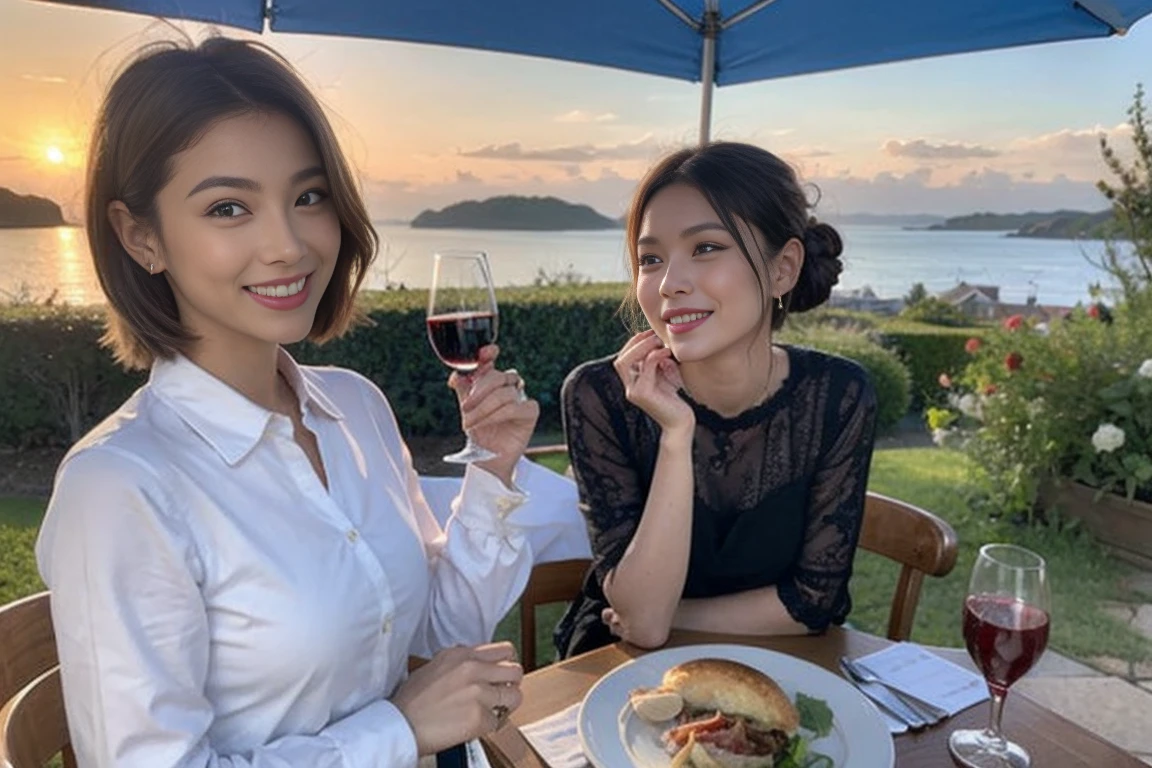 (Realistic:1.1),(masterpiece,Highest quality),8k,(49 years old), 53 years old, ベリーslimボディ、slimカップル、Tight waist,Upper Body,full-course dinner、wine 、Amazing view of the sunset sky and clouds、Perfect Anatomy, Brown Hair, short hair,Random Hairstyles,((Highly detailed face and eyes:1.2)),Perfect golden ratio face,Long sleeve shirt、dress,(smile:1.2)、Shortcuts、cute、(Realistic, Intricate details:1.2), A bright smile、short hair,Bright Face、赤wine 、Appetizers、Italian food、wine bottle、Champagne、スパークリングwine、(slimな顔), (The body is slim), (Brown Hair), (Shortcuts), Upper Body, 白wine, slim, wineグラス,