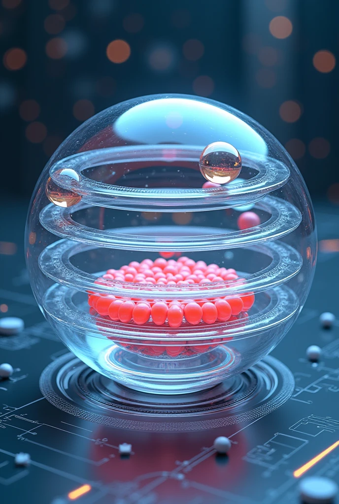 A transparent sphere in the center,There are layers of tracks on the periphery。There is a transparent ball on each track.,There are many fluorescent solid balls inside the sphere.。Floor Plan。