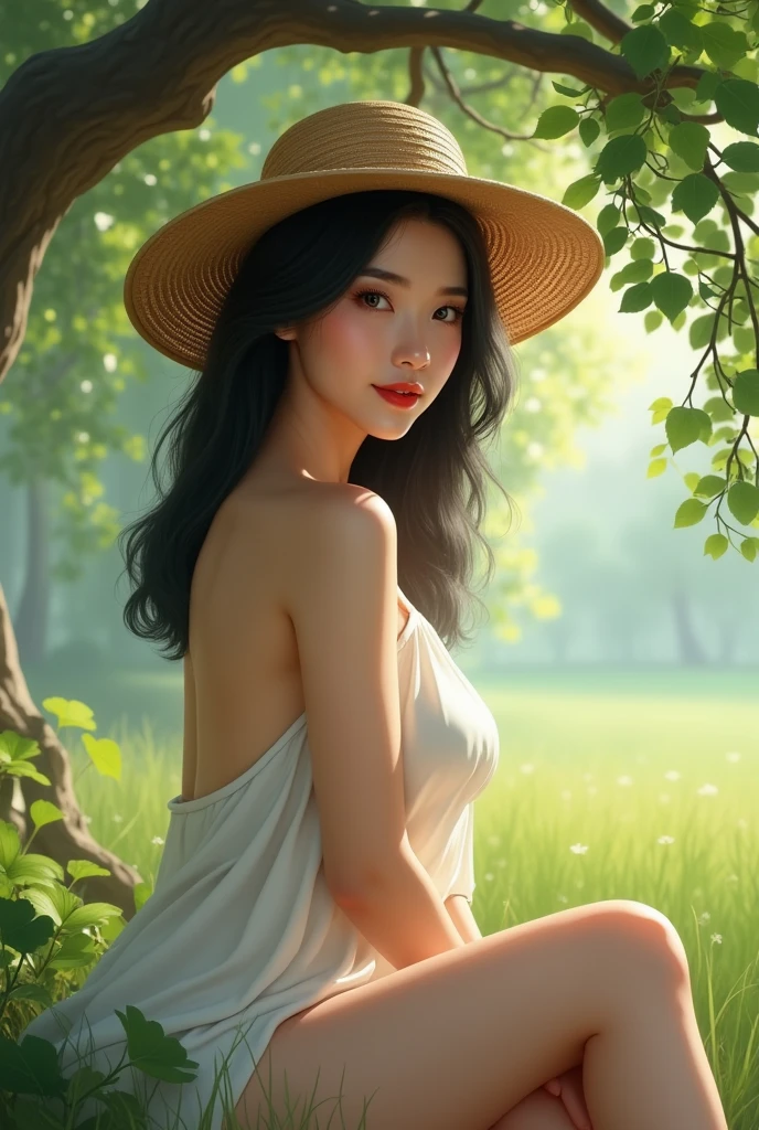a beautiful asian woman sitting under a tree, red lips, fair skin, shoulder length hair, wearing a hat, big chest. Realistic