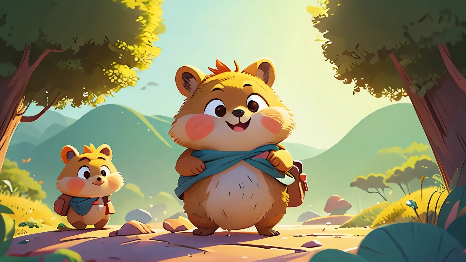 A quokka (quokka) standing on a rock with a wide smile, in a natural, dry landscape. Text overlay: 'Q untuk quokka'. The quokka is shown as adorable and friendly, with a bright and warm environment. inspired by Goro Fujita, promotional art, illustration for children, by Choi Buk, by Murakami, 2d digital illustration