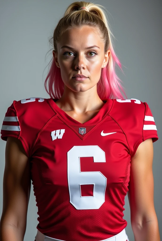 A photo of Lexi Stevens, a quarterback for the female Wisconsin Badgers football team. Number 6. Blonde hair with pink tips and a busty frame.