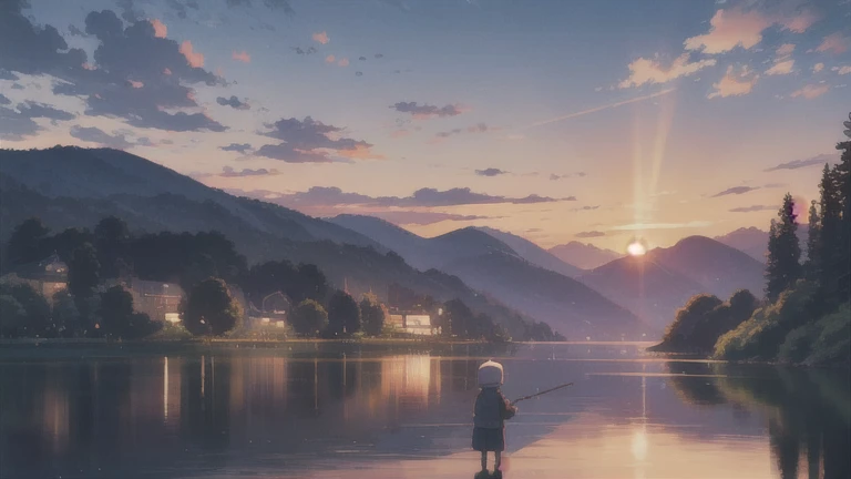 Ghibli-style scenery、Lake shore in the evening、Sunset while fishing、2 year old boy