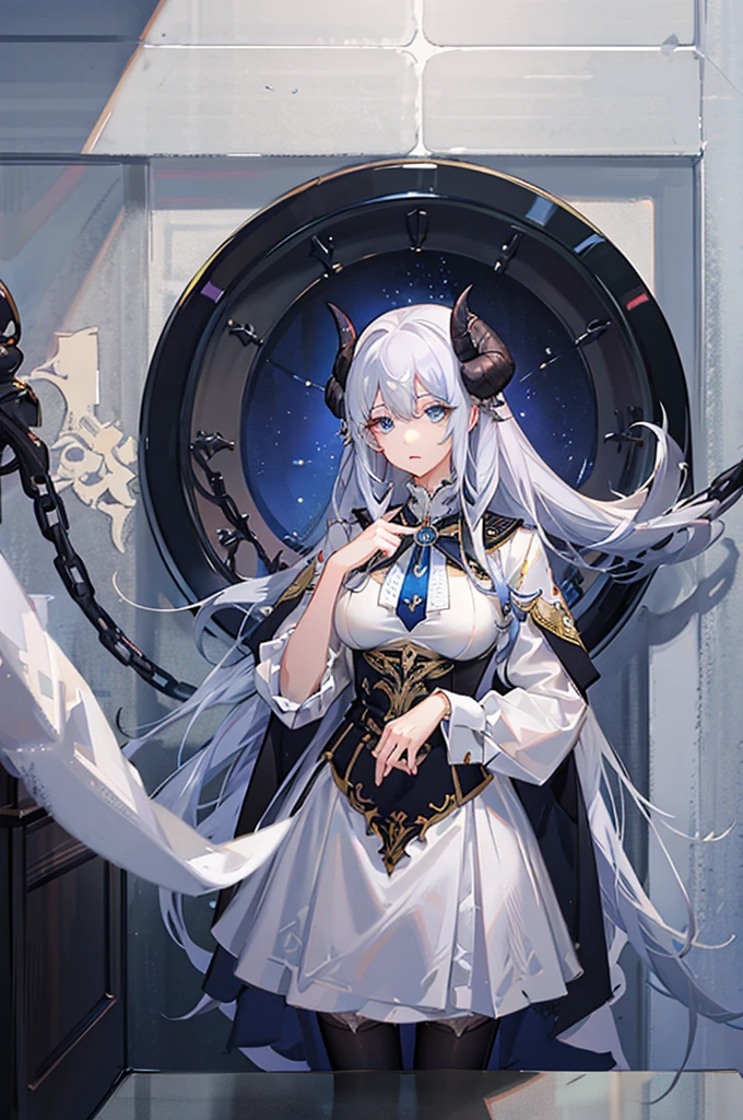 highest quality, masterpiece, high resolution, 1 person, female, silver hair, long hair, blue eyes, bored face. distinct eyes, side, big eyes, Eyelashes, eyeliner, white Uniform, black hairpin, Sheep Horn, huge breasts, priest, praying
