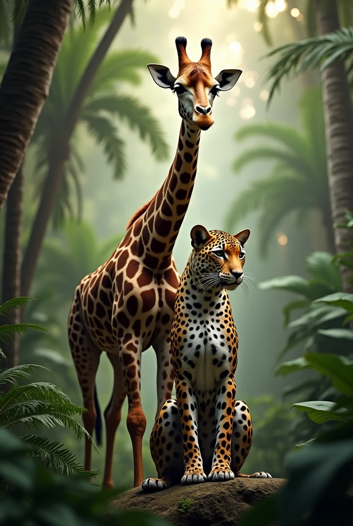 araffe posing with a leopard in a jungle with palm trees, a portrait by Jakob Gauermann, trending on cg society, sumatraism, queen of the jungle, national geographic photoshoot, gorgeous jungle ranger, amazon queen, dolce & gabbana campaign, jaguar, jungle, brazilan supermodel, on jungle night !!!, in a jungle environment, in the jungle