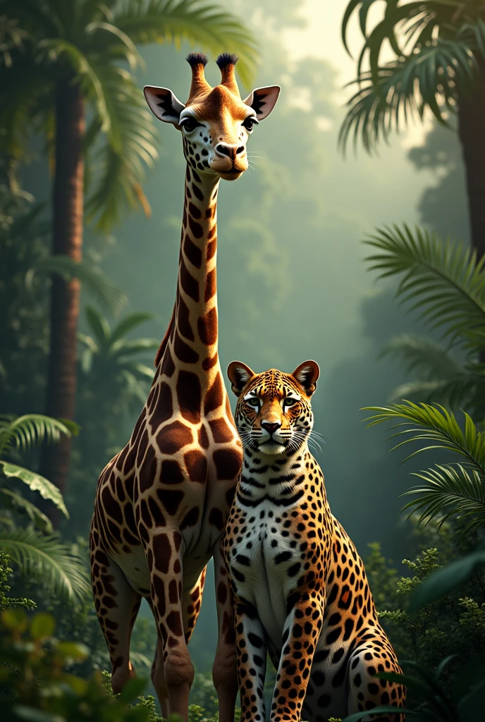 araffe posing with a leopard in a jungle with palm trees, a portrait by Jakob Gauermann, trending on cg society, sumatraism, queen of the jungle, national geographic photoshoot, gorgeous jungle ranger, amazon queen, dolce & gabbana campaign, jaguar, jungle, brazilan supermodel, on jungle night !!!, in a jungle environment, in the jungle