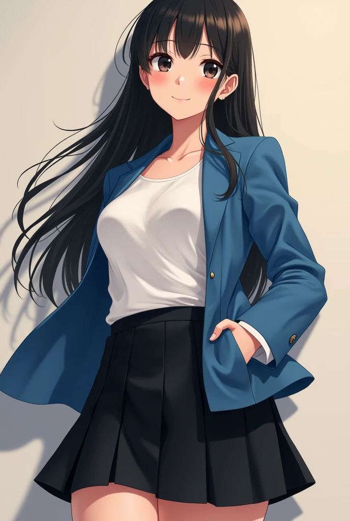 (((Highest quality))),Japanese women,14-year-old face,Black eyes,Brown eyes,Black Hair,bangs,long hair down to the back,,Lipid skin,(Big Breasts),Short,(Blue blazer),White blouse,(Black pleated skirt),plump belly,Muchimuchi thigh,smile,Angle from below,