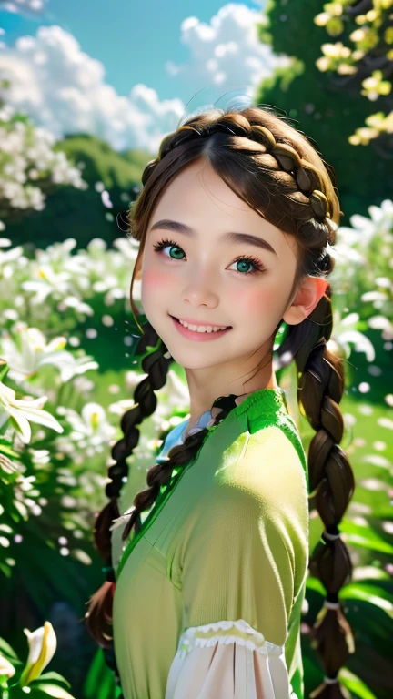 one woman,french braid、Green clothes to wear,Surrounded by lilies of a whimsical sight、Random Posing、Swarm of swirling clouds,dignified expression,set in the light,fantastic background,blurred background,lots of details,vector,4K,wide image,Complete Scene.highest quality、Highest image quality、ultra high resolution、master piece、