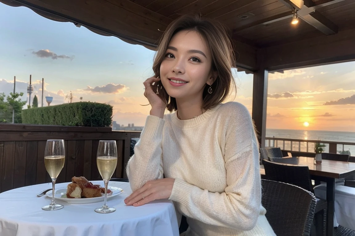 (Realistic:1.1),(masterpiece,Highest quality),8k,(49 years old), 53 years old, ベリーslimボディ、slimカップル、Tight waist,Upper Body,full-course dinner、wine 、Amazing view of the sunset sky and clouds、Perfect Anatomy, Brown Hair, short hair,Random Hairstyles,((Highly detailed face and eyes:1.2)),Perfect golden ratio face,Long sleeve shirt、dress,(smile:1.2)、Shortcuts、cute、(Realistic, Intricate details:1.2), A bright smile、short hair,Bright Face、赤wine 、Appetizers、Italian food、wine bottle、Champagne、スパークリングwine、(slimな顔), (The body is slim), (Brown Hair), (Shortcuts), Upper Body, 白wine, slim, wineグラス,