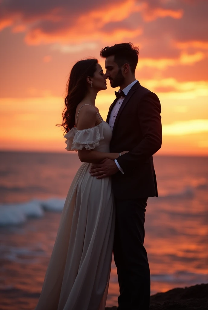 Couple picture, woman at the front while man at the back. The picture is shot from a slightly low angle. The scenery is a sunset, the background is the sky.