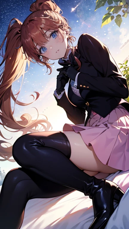 (full body),Tabletop, highest quality,Lie on your back in bed，Show me your boots，Thigh-high boots，Black Stockings，Black gloves，Strange thief，elegant, One Girl, Muscular，cute, Blushed, View Viewer, From below,Pink mini skirt, prison，blue eyes, Beautiful Eyes, Beautiful background, Light Particles, Light of the sun, Dramatic lighting, outside, Shiny, Realistic, Tabletop, highest quality, 超detailed, detailed, scenery, Beautiful fine details, Fine hair