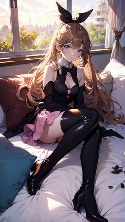 (full body),Tabletop, highest quality,Lie on your back in bed,Show me your boots,Thigh-high boots,Black Stockings,Black gloves,Strange thief,elegant, One Girl, Muscular,cute, Blushed, View Viewer, From below,Pink mini skirt, prison,blue eyes, Beautiful Eyes, Beautiful background, Light Particles, Light of the sun, Dramatic lighting, outside, Shiny, Realistic, Tabletop, highest quality, 超detailed, detailed, scenery, Beautiful fine details, Fine hair