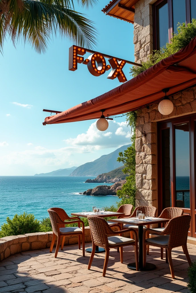 A restaurant by the sea with a sign that says the name F E O X