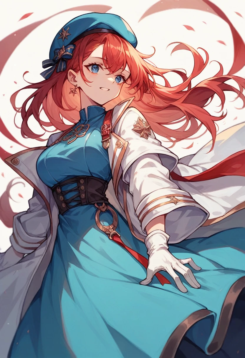 Girl dressed in blue dress, white coat and white gloves and a white beret. Red hair.