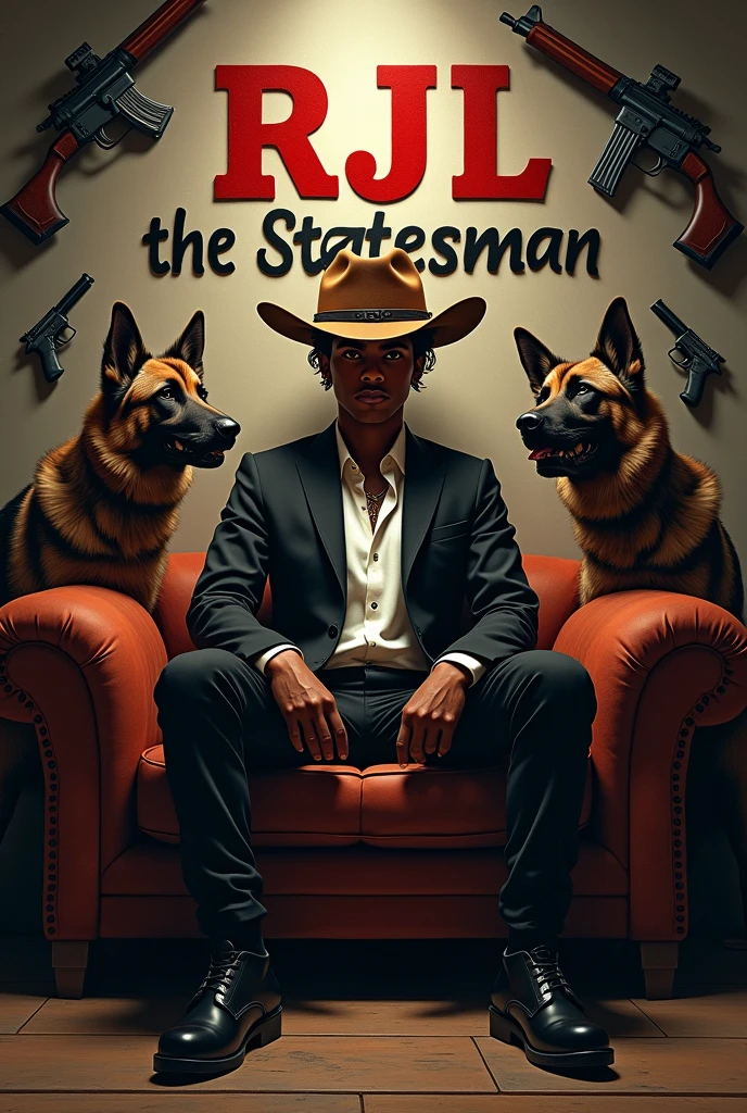 Young 20 brown skin boy sitting on the couch, wearing black suites with white button shirt, brownish black cowboy cap, black slatter shoes,  surrounded him by different gun, 2 k9 doys, and  write RJL the Statesman above his cap on the wall