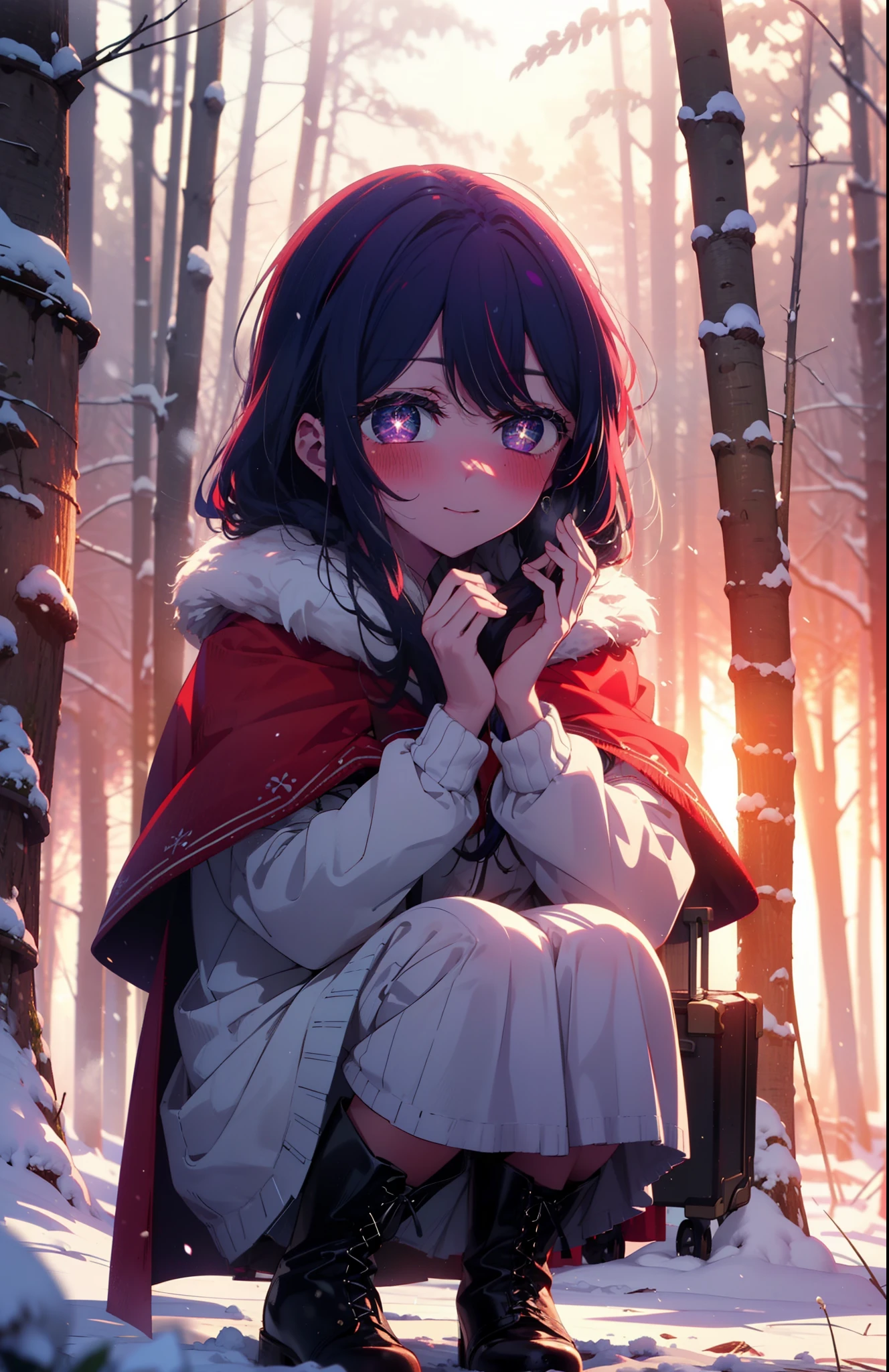 aihoshino, Ai Hoshino, Long Hair, bangs, (Purple eyes:1.1), Purple Hair, (Symbol-shaped pupil:1.5), smile,,smile,blush,white breath,
Open your mouth,snow,Ground bonfire, Outdoor, boots, snowing, From the side, wood, suitcase, Cape, Blurred, , forest, White handbag, nature, Squat, Mouth closed, Cape, winter, Written boundary depth, Black shoes, red Cape break looking at viewer, Upper Body, whole body, break Outdoor, forest, nature, break (masterpiece:1.2), Highest quality, High resolution, unity 8k wallpaper, (shape:0.8), (Beautiful and beautiful eyes:1.6), Highly detailed face, Perfect lighting, Highly detailed CG, (Perfect hands, Perfect Anatomy),