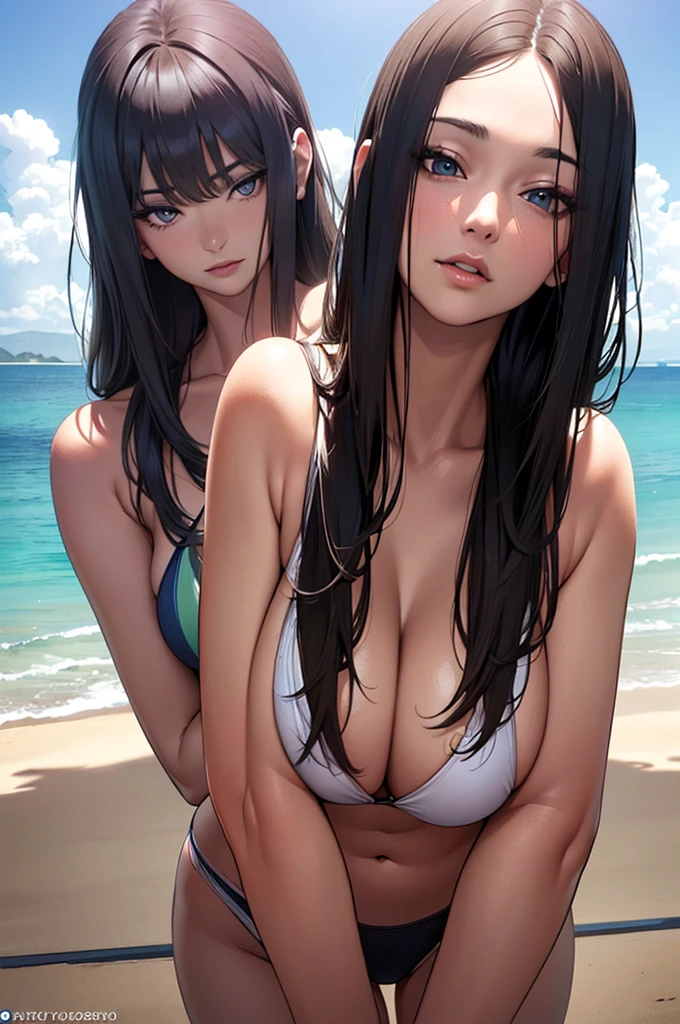 (best quality,4k,8k,highres,masterpiece:1.2),ultra-detailed,(realistic,photorealistic,photo-realistic:1.37) three beautiful girls pressed up against each other at a beach, cleavage showing, sexy, slim figures, rich girls, bikini, multiple girls, three girls, trio