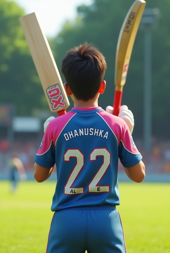 A 21 years boy hands up with cricket bat in his hands
the ground and wearing a blue and pink
t shirt
and back side number is 22 and back side Name is Dhanushka